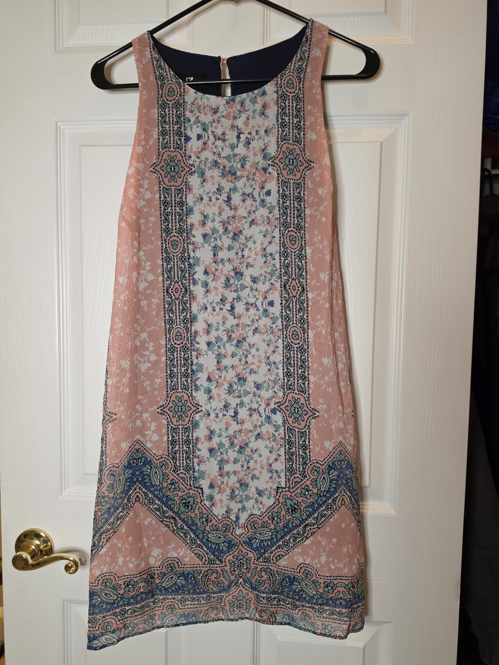 IZ Byer Rose Pink & Light Blue Printed Shift Dress M 8-10 Keyhole Back